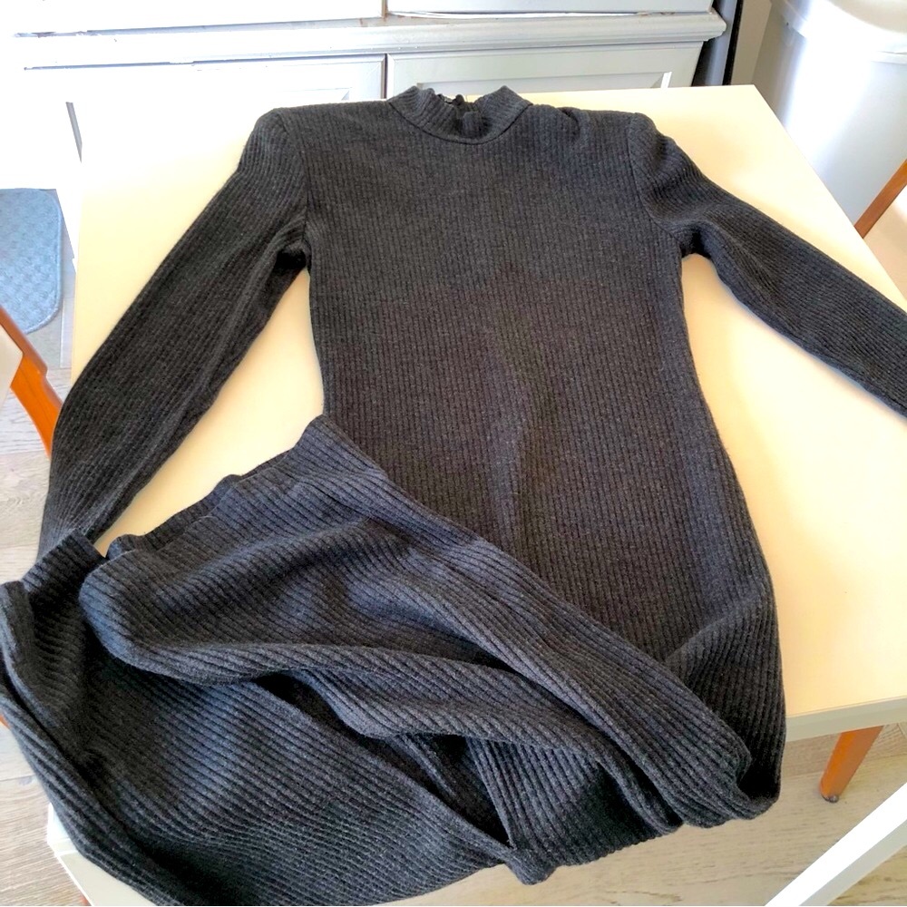 Vintage 80s, Gray, Ribbed Knit, Sweater Dress, Women’s S Long Sleeve, Mock Neck - Picture 10 of 14